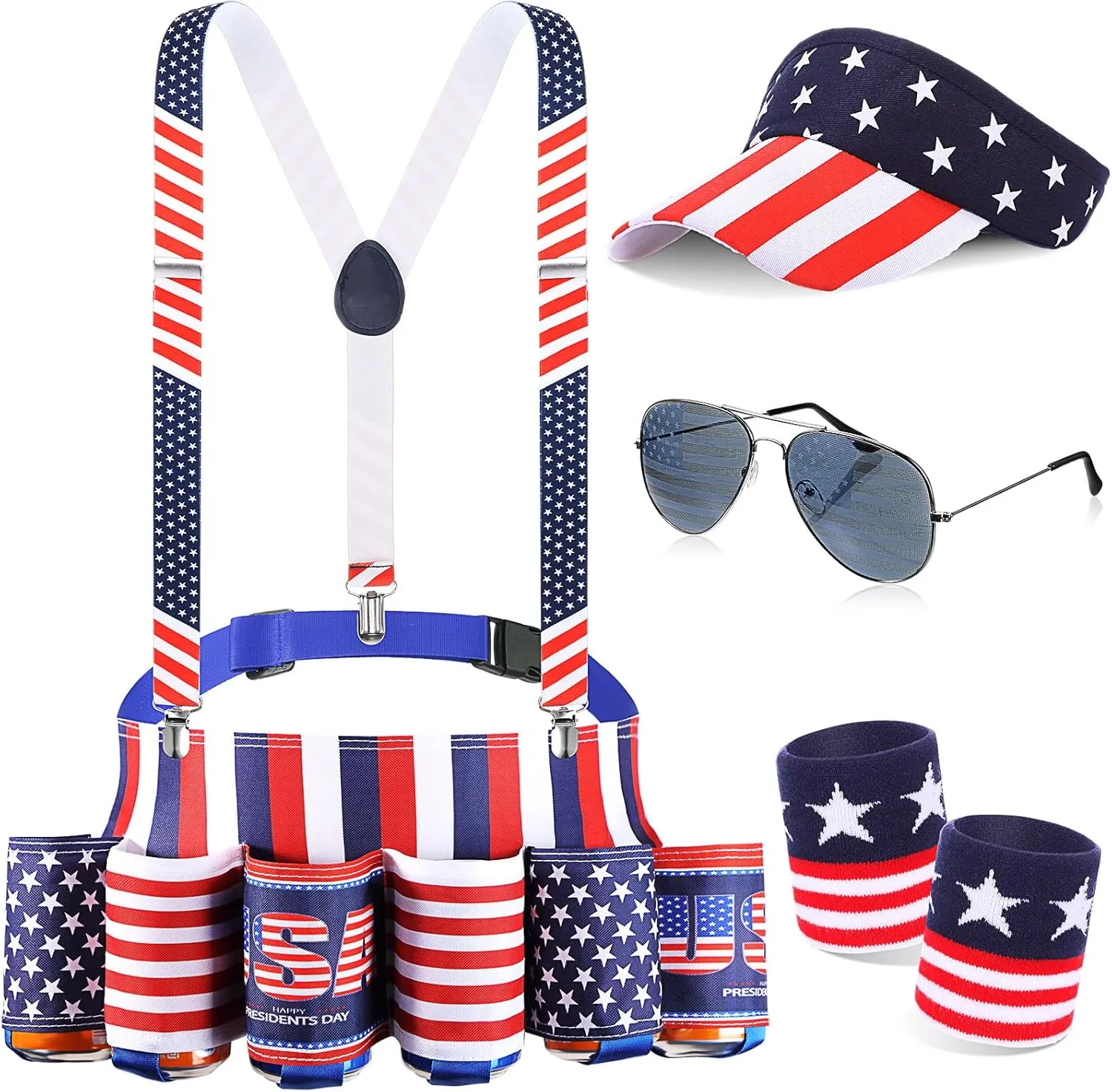 Mepase 5 Pcs 4th of July Large Patriotic Beverage Beer Belt Set with Suspenders Drink Holder Sun American Visor Hat Wristband Sunglasses, Plus Length Beer Soda Can Holder Belt Drinking Accessories