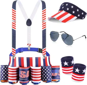 Mepase 5 Pcs 4th of July Large Patriotic Beverage Beer Belt Set with Suspenders Drink Holder Sun American Visor Hat Wristband Sunglasses, Plus Length Beer Soda Can Holder Belt Drinking Accessories