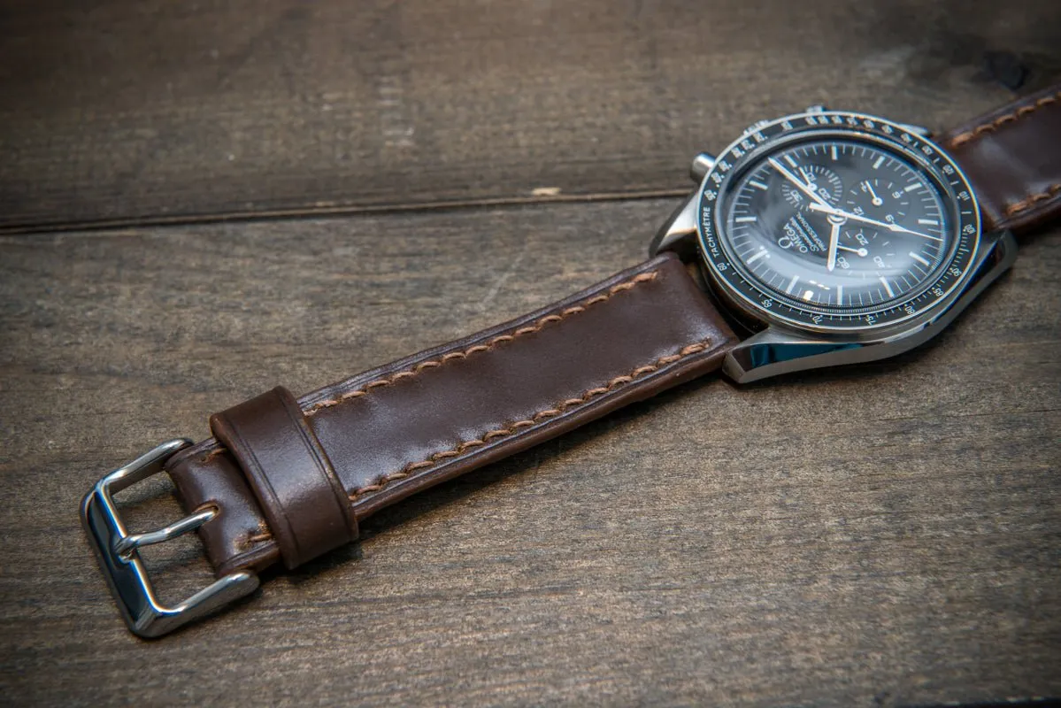 Shell Cordovan leather watch strap, Dark Brown. Handmade in Finland - 10-26 mm