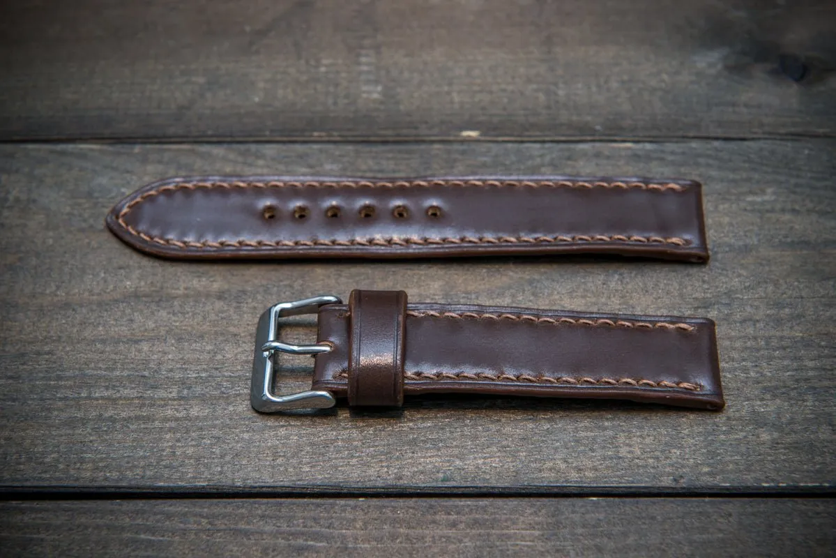 Shell Cordovan leather watch strap, Dark Brown. Handmade in Finland - 10-26 mm
