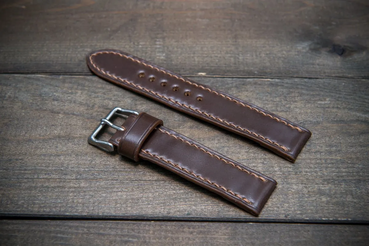 Shell Cordovan leather watch strap, Dark Brown. Handmade in Finland - 10-26 mm