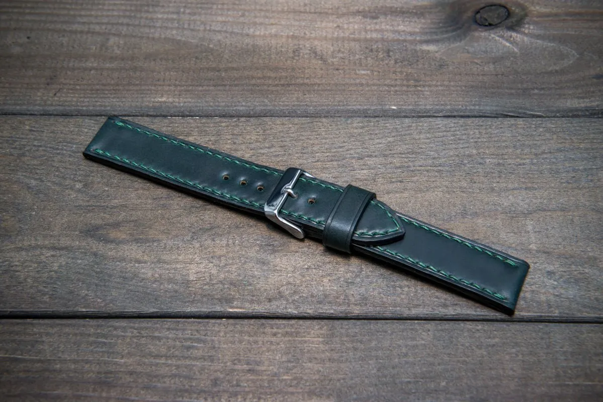 Shell Cordovan leather watch strap , Dark Green. Handmade in Finland - 10 mm, 12 mm, 14 mm, 16mm, 17 mm, 18mm, 19 mm, 20mm, 21 mm, 22mm, 23 mm, 24mm, 25 mm, 26 mm.