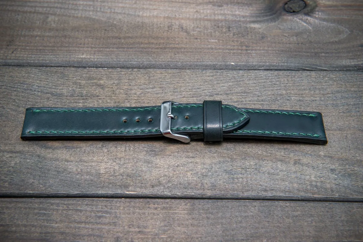 Shell Cordovan leather watch strap , Dark Green. Handmade in Finland - 10 mm, 12 mm, 14 mm, 16mm, 17 mm, 18mm, 19 mm, 20mm, 21 mm, 22mm, 23 mm, 24mm, 25 mm, 26 mm.