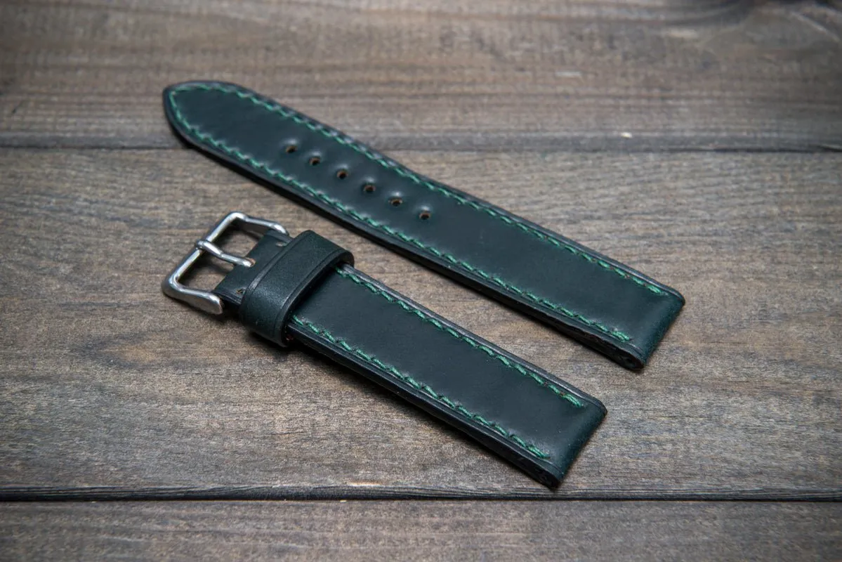 Shell Cordovan leather watch strap , Dark Green. Handmade in Finland - 10 mm, 12 mm, 14 mm, 16mm, 17 mm, 18mm, 19 mm, 20mm, 21 mm, 22mm, 23 mm, 24mm, 25 mm, 26 mm.
