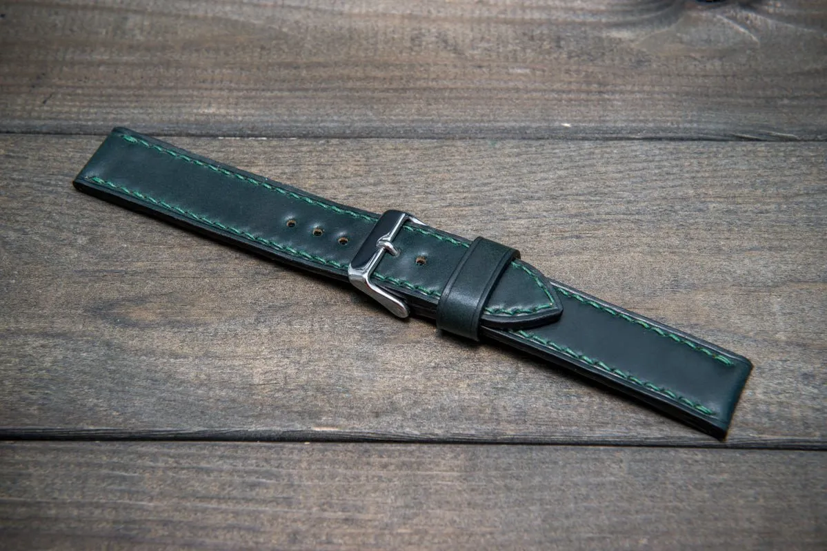 Shell Cordovan leather watch strap , Dark Green. Handmade in Finland - 10 mm, 12 mm, 14 mm, 16mm, 17 mm, 18mm, 19 mm, 20mm, 21 mm, 22mm, 23 mm, 24mm, 25 mm, 26 mm.