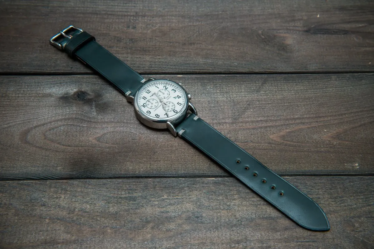 Shell Cordovan leather watch strap, Deep Forest. Handmade in Finland - 10 mm, 12 mm, 14 mm, 16mm, 17 mm, 18mm, 19 mm, 20mm, 21 mm, 22mm, 23 mm, 24mm, 25 mm, 26 mm.