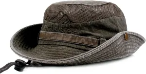 Sun Hat for Men, Cotton Embroidery Summer Outdoor Sun Protection Wide Brim Bucket Hat Foldable Safari Boonie Hat