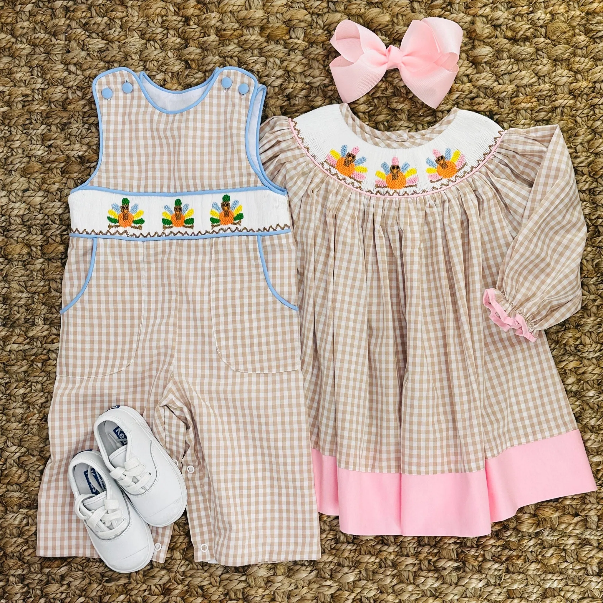 Turkey Smocked Longall in Tan Gingham with Pockets!