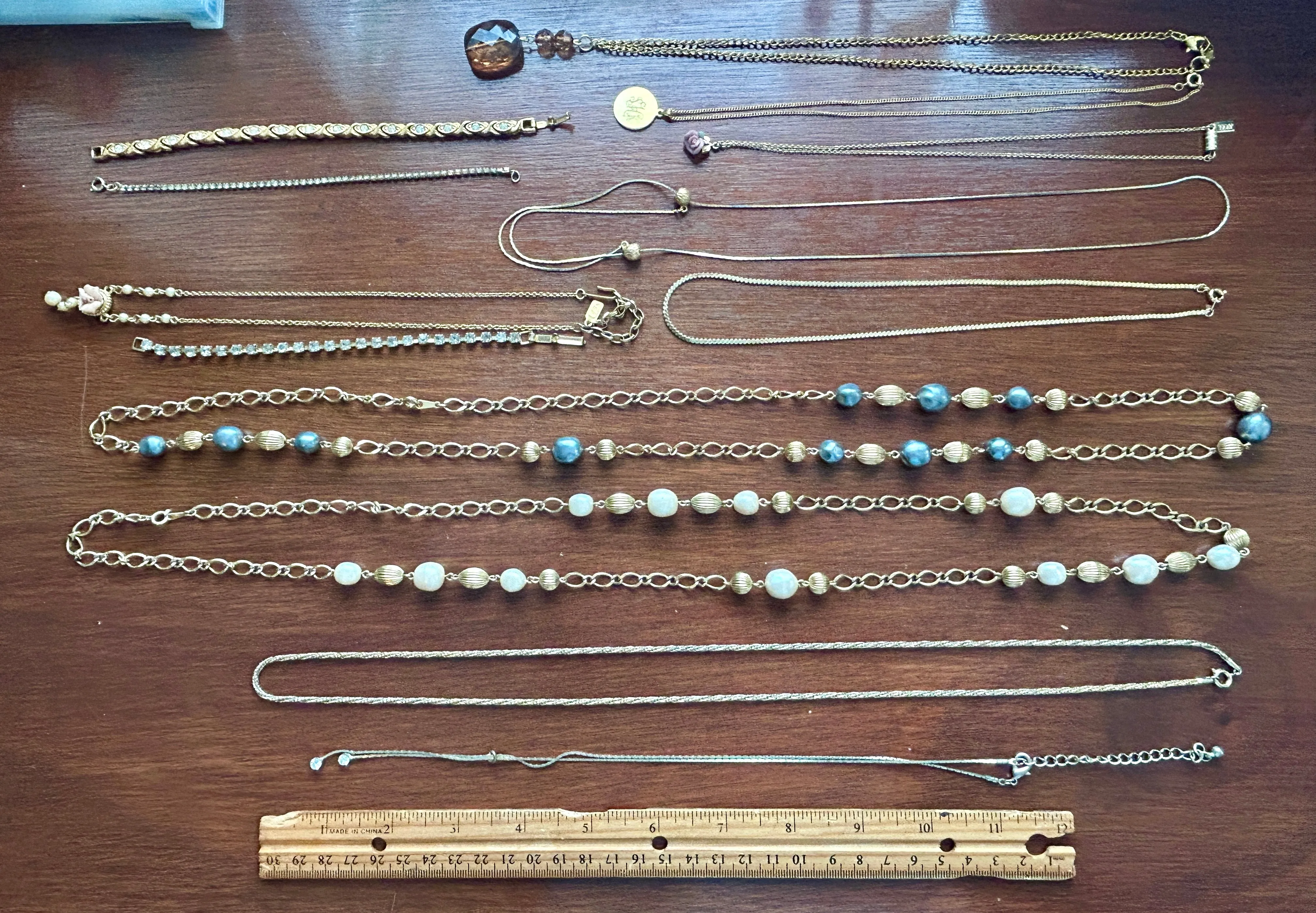 Vintage Now Jewelry Lot Gold Tone Faux Pearl Necklace Chain Rhinestone Bracelet