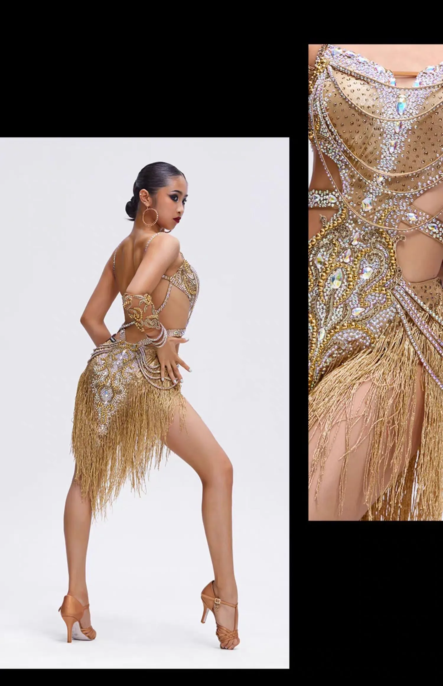 YUN.L031FDD LADIES GOLD AND FRINGE LATIN DANCE COSTUME